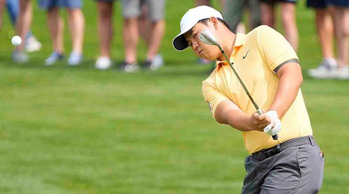 Tom Kim is pictured at the 2023 Wells Fargo Championship.